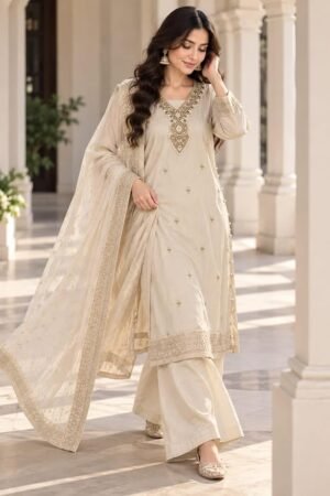 Women’s Cream Embroidered Straight Kurta Palazzo Set with Dupatta | Elegant Ethnic