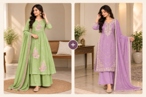 Combo Pack – Sage Green Floral Anarkali & Lavender Embroidered Kurta Set (2 Suits)