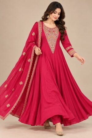 Rani Pink Anarkali Suit Set with Embroidered Yoke & Dupatta – Women's Ethnic Wear