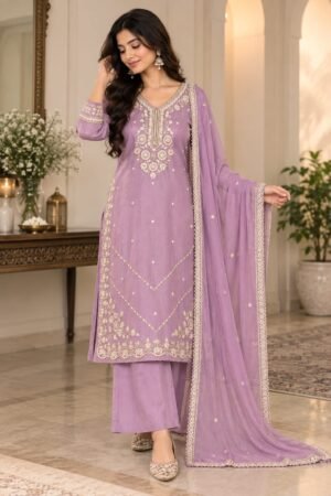 Lavender Purple Chanderi Silk Suit Set with Gota Patti Embroidery – Kurta, Palazzo & Dupatta | Festive Wedding Wear for Women