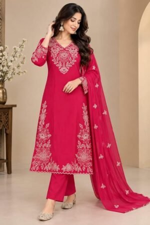 Women’s Pink Embroidered Straight Kurta Pant Set with Dupatta | Floral Embroidery